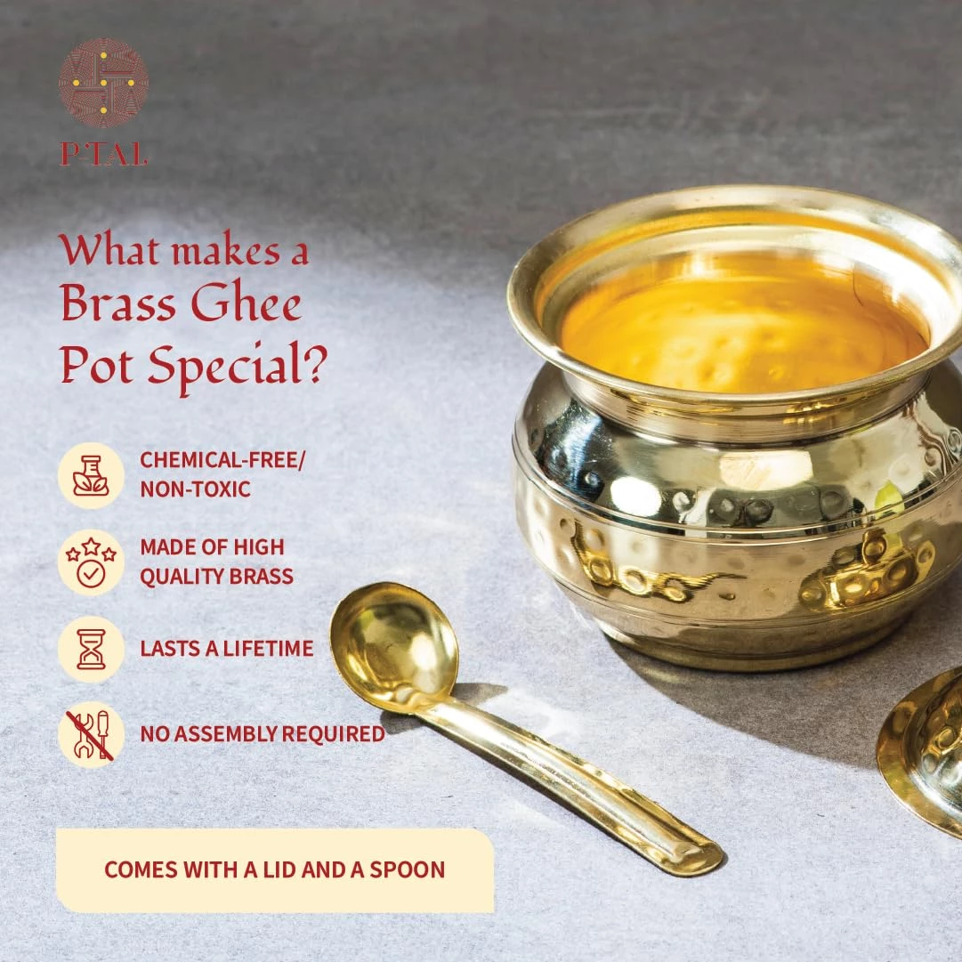 P-TAL Brass Ghee Pot With Spoon And Lid, 200 g-3.webp